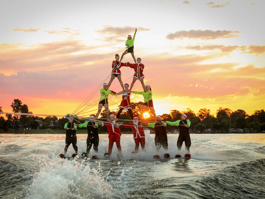 The water skiing human pyramid from Lake Mulwala in 2015. Picture: JAMES WILTSHIRE