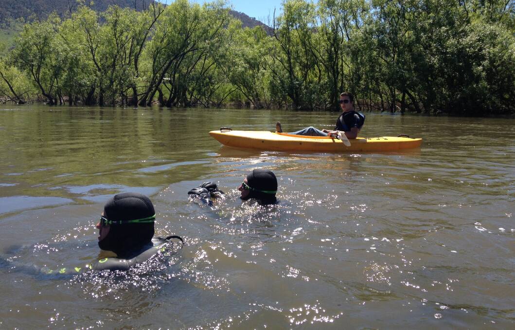 TESTING THE WATERS: Hunter and Eric Helmick, watched by Tuck Helmick, sample the Murray River ahead of their 2508-kilometre endurance swim.