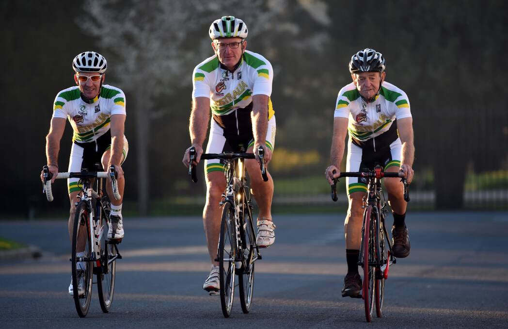 TRAINING HARD: Ken Payne, Terry Halpin and Paul Burns have spent nearly a year preparing for Sunday's Gran Fondo World Championships. Picture: MARK JESSER