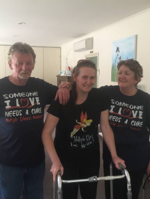 TEAM EFFORT: Wandiligong's Emma Bennett relies on the support of her mother Gail and Gail's partner Tony Donnellan. Their T-shirts highlight their wish for an end to MS.