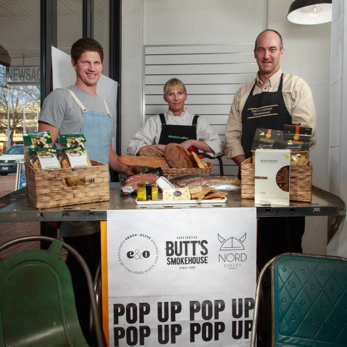 COLLABORATION: Thor Sonnichsen, of Nord Bakery, Ebden & Olive's Jodie Jones and Anthony Ainsworth, of Butt's Gourmet Smokehouse, display a range of their products in the Dean Street temporary shop. Picture: SIMON BAYLISS