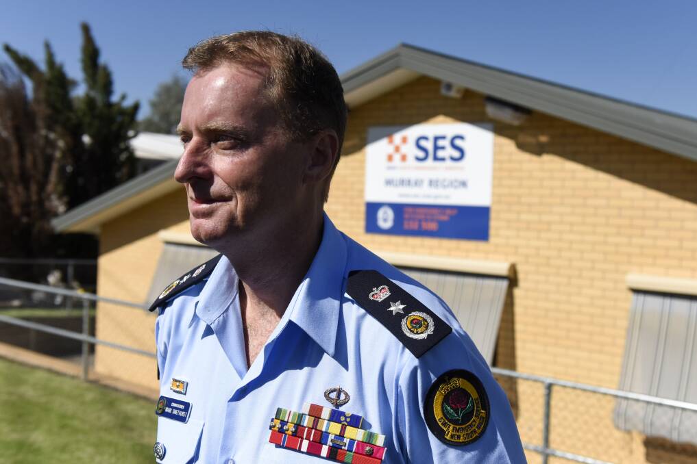 INTRODUCTIONS: Commissioner Smethurst, who began his new role five weeks ago after a long military career, met SES volunteers in Albury. Pictures: SIMON BAYLISS