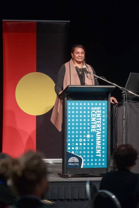 INSPIRING MESSAGE: Former Hockeyroo, sprinter and senator Nova Peris receives a warm reception at the local government conference in Albury. Picture: SIMON BAYLISS