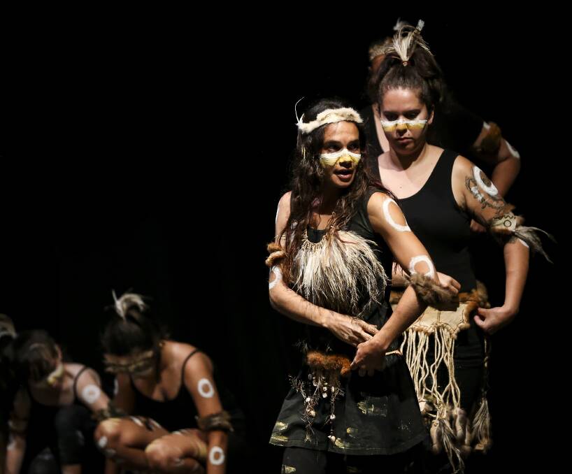 TRADITION CONTINUES: Yaraan Bundle leads the Laka Leerrpeen Marrang Tjeenung dancers as they open Blackout Wodonga, a day-long Aboriginal youth cultural event held at The Cube on Monday. Picture: JAMES WILTSHIRE