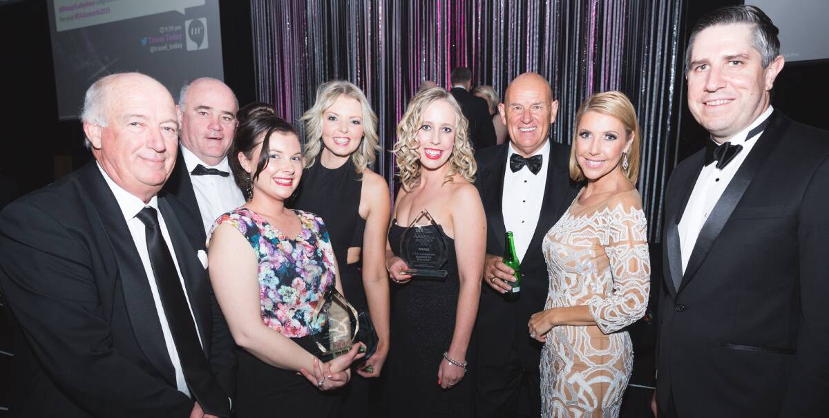 CELEBRATIONS: Colin Waller, Stephen Ferguson, Atura Albury's sales manager Kayla Severs, general manager Jodi Brown and food and beverage manager Christi Buckley, Doug May, MC Catriona Rowntree and Dan Brady.
 
