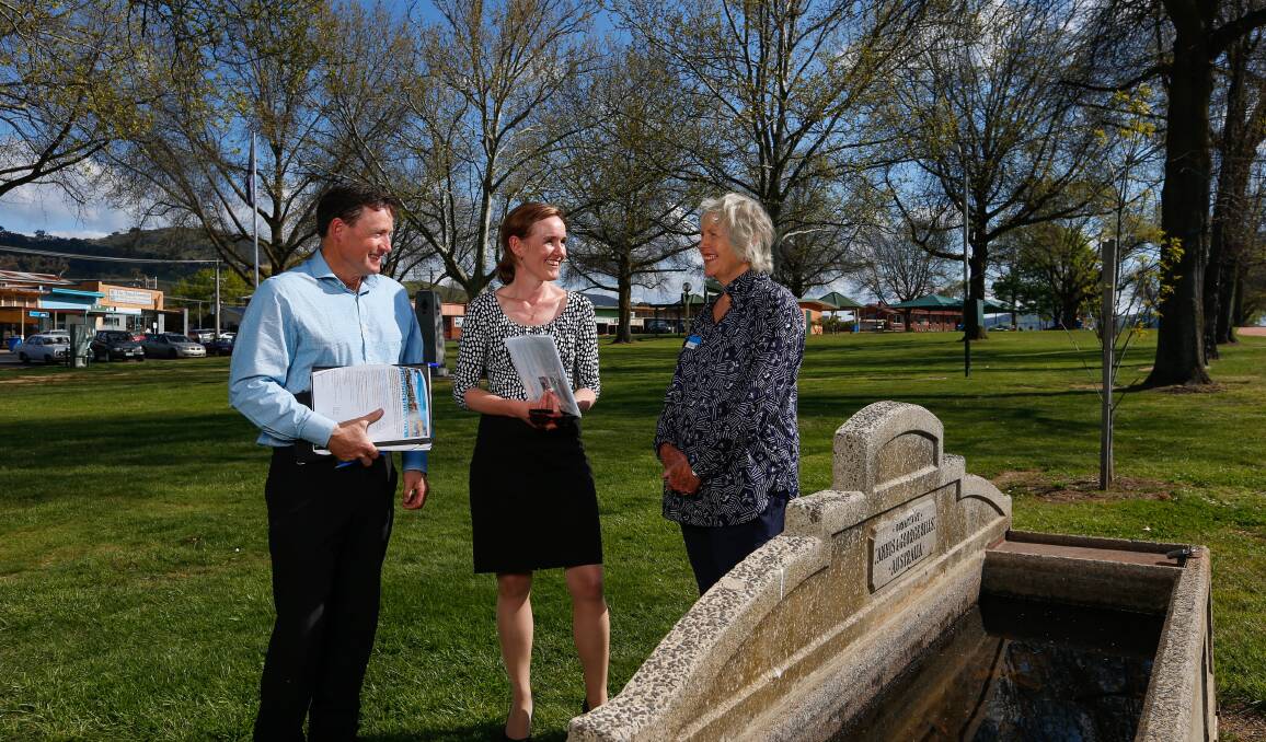 TALLANGATTA PLANS: Towong mayor David Wortmann, director of community and corporate services Jo Shannon and councillor Mary Fraser.  Picture: MARK JESSER