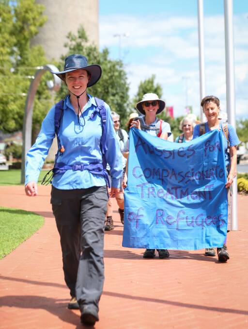 STRIDING OUT: Jessica Hackett arrives in Wodonga on Monday, keen to share and hear stories of refugee experiences during her trek to Canberra. Picture: JAMES WILTSHIRE