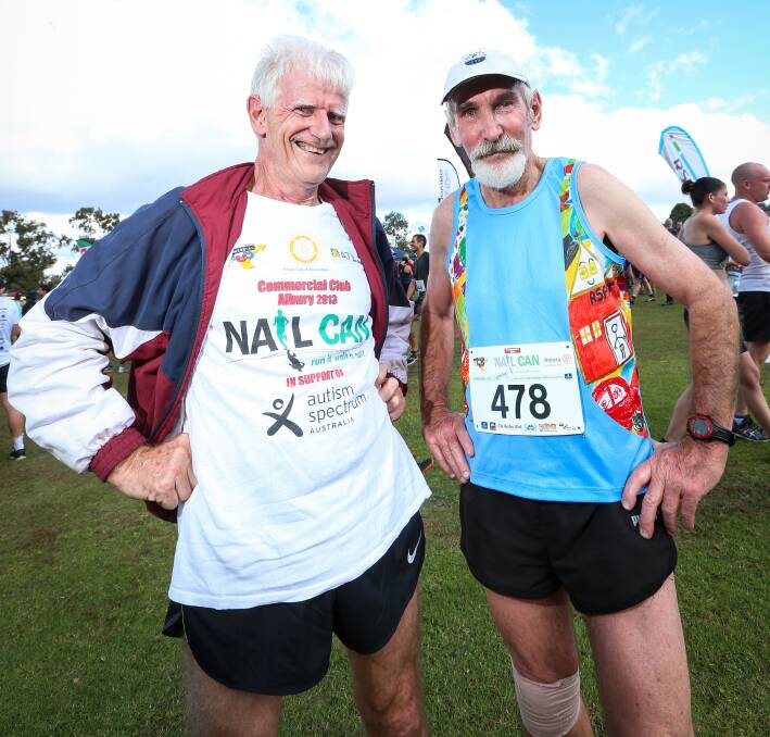 TWO ORIGINALS: Rob Simmons, of West Albury, and Albury's Clive Vogel, who both ran in the first Nail Can Hill Run, continue to enjoy the event. Picture: JAMES WILTSHIRE