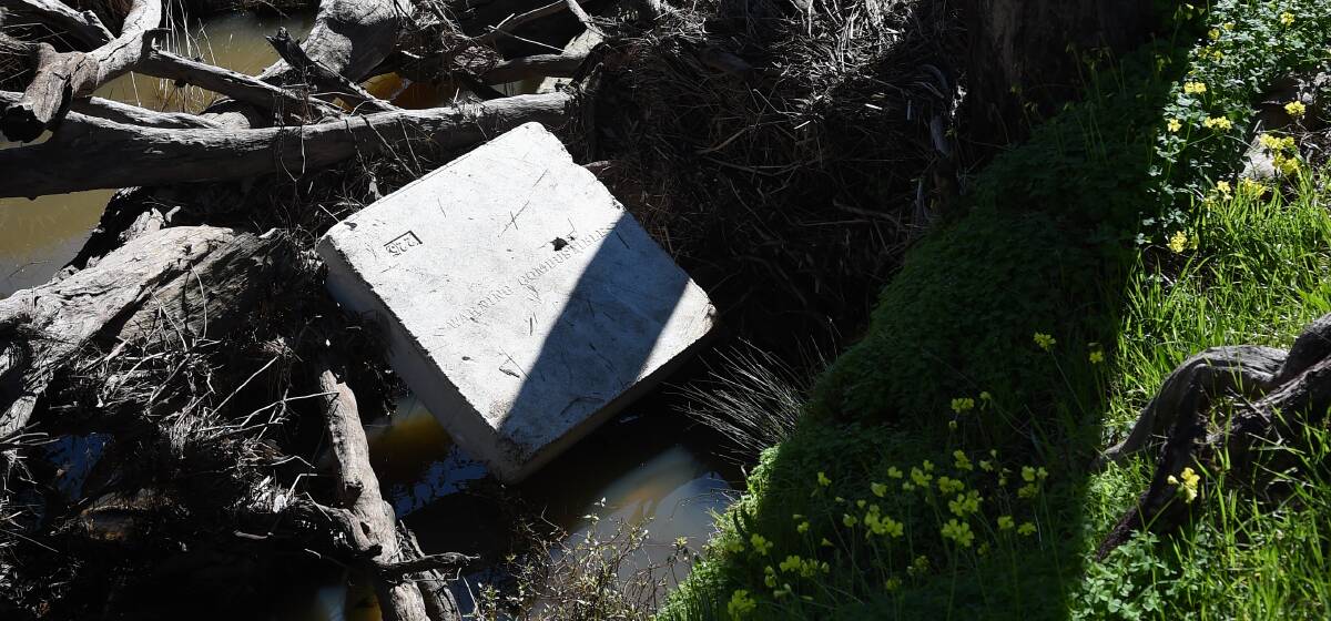 EYESORE: Discarded foam sits in the water, to the dismay of Killara residents. "I believe no creek should be used as a dumping area," one says. Pictures: MARK JESSER
