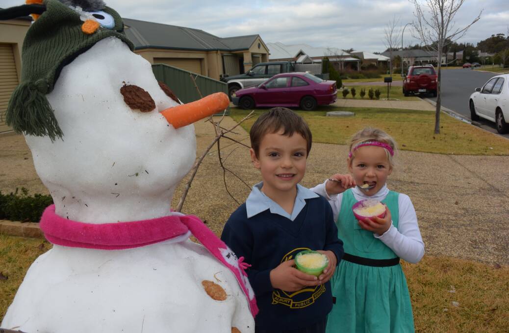 AND HE'S YUMMY TOO: Henry Hynd, 6, and his sister Ivy, 4, enjoy an icy treat thanks to their new pal, created by snow transported in the back of a ute from Mt Buffalo.