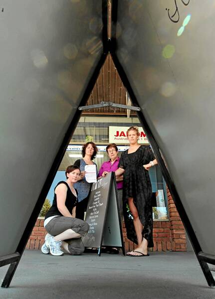 Shop owners Melody Bakkum from Avalanche, Gail McCully from Little Tots 2 Teens, Joy Jeffery from The Material Girls and Paris Bonat from Mint Boutique have been fined over their A-frame signs. Picture: KYLIE GOLDSMITH