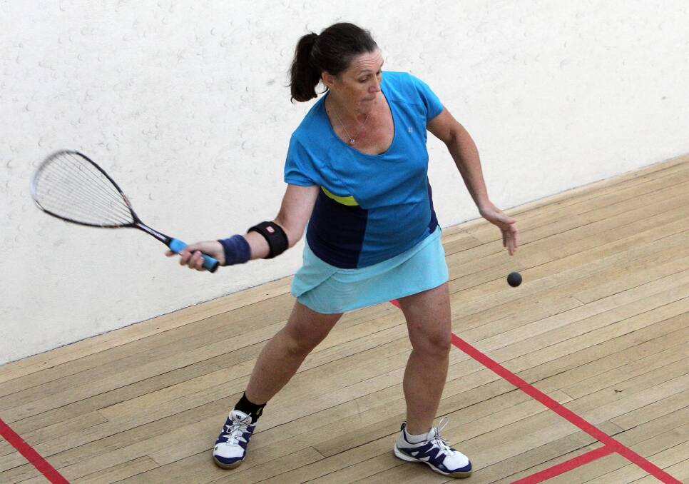Wodonga’s Angela Willett competing in the Victorian Masters Squash Tournament in her hometown yesterday. Picture: KYLIE ESLER
