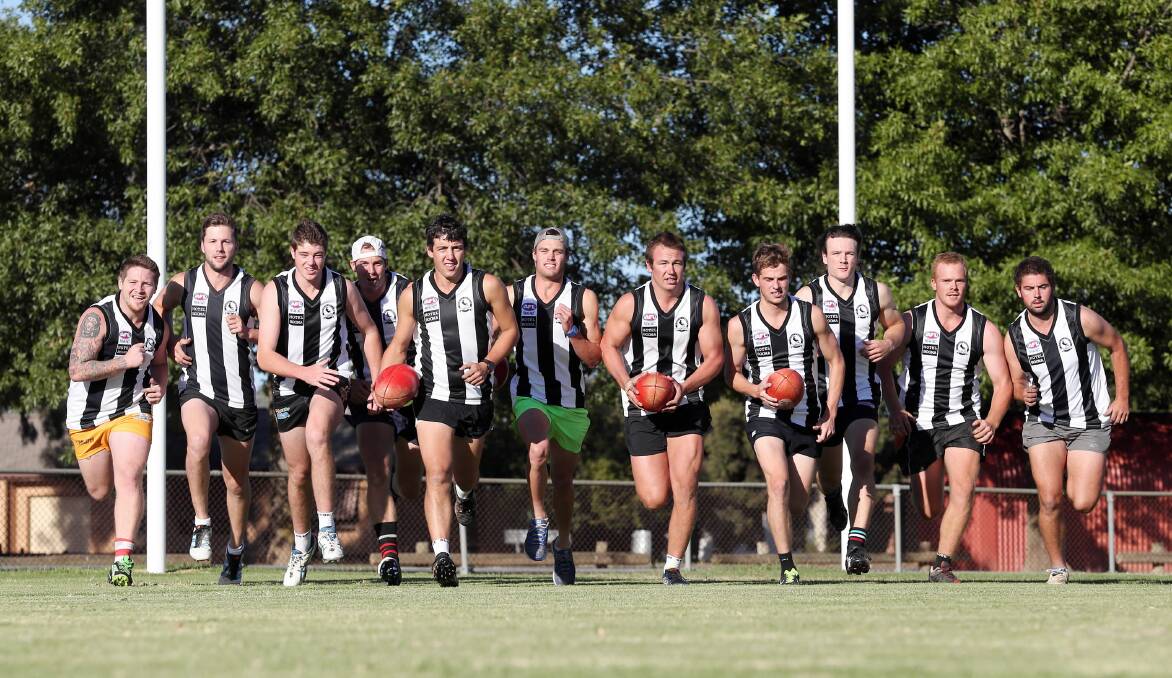 Murray Magpie recruits go through their paces last week. The two-time Hume league wooden spooner could be the big improver this season.