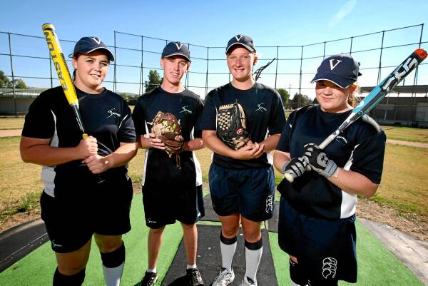 Jayde Gardiner, 17, Steven Garoni, 16, Ebony Fulford, 15, and Laura Moorfield, 17, are ready to take on the best in Australia after being picked for the under-17 and under-19 Victorian softball team. They have a big month ahead of them. Picture: MATTHEW SMITHWICK