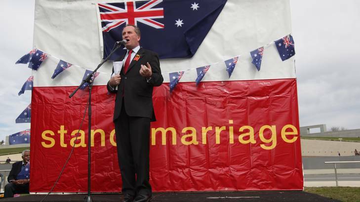 Senator Barnaby Joyce addresses the National Marriage Day Rally with the message "Husband and Wife Equals Life" on the front lawn of Parliament House
