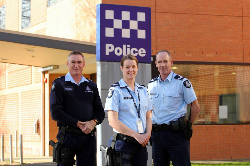 Wodonga’s unit of Sgt Tony Chamberlain, Sen-Constable Jaclyn Warchow and Sen-Constable Tim Mooney. Picture: MATTHEW SMITHWICK