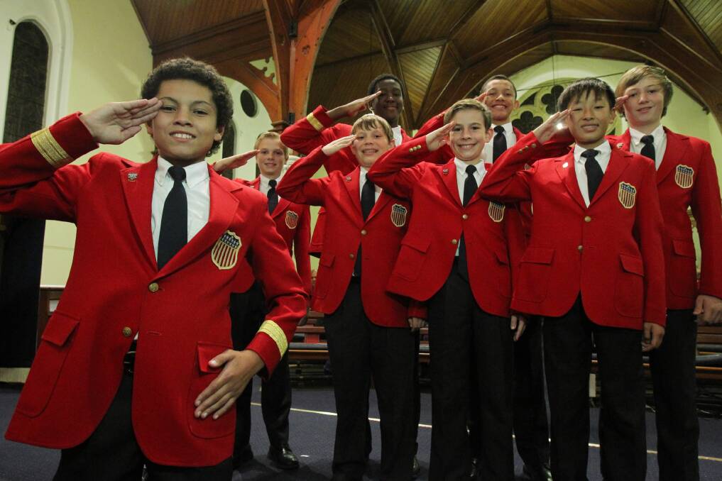 Members of the All American Boys Chorus gave a special performance at St David’s Uniting Church in Albury last night. Noah Hill, 14, front, loves Led Zeppelin and ACDC. His fellow choristers are, from left, Nicholas Feist, 12, Christopher Hughes, 12, Jonathan Jackson, 14, Jonathan Hale, 11, Devin Belser, 14, Nicholas Liu, 12, and Joshua Smith-Lunger, 14. Picture: MARK JESSER