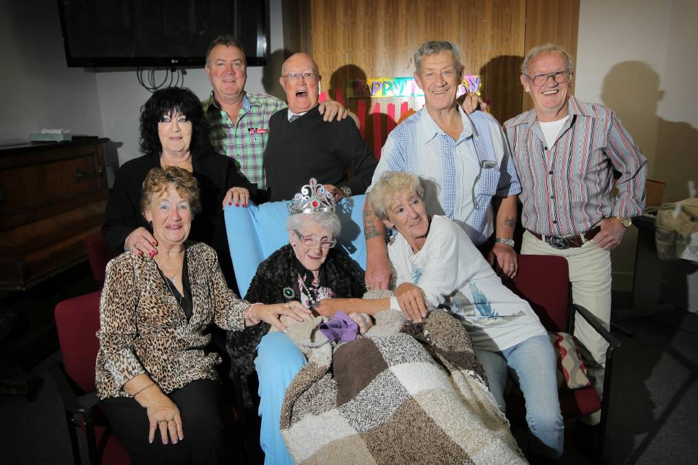 Mrs Johnstone celebrated with seven of her 12 children — Patsy Carey, Betty Britton, Terry Johnstone, Harold Johnstone, Shirley Johnstone, David Johnstone and Jack Johnstone — on Saturday. Pictures: TARA GOONAN