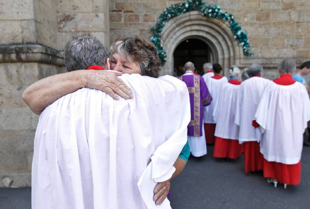 Nancy Rooke is congratulated outside St Matthew’s Anglican Church. Picture: BEN EYLES