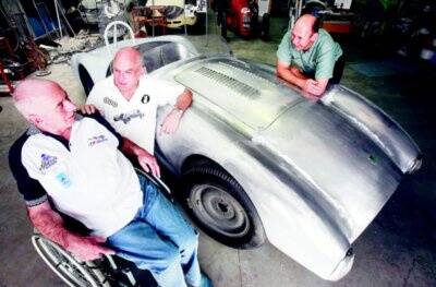 Bill Morris, Terry Cornelius and Greg Snape with the eye-catching Kieft sports car. Pictures: KYLIE GOLDSMITH