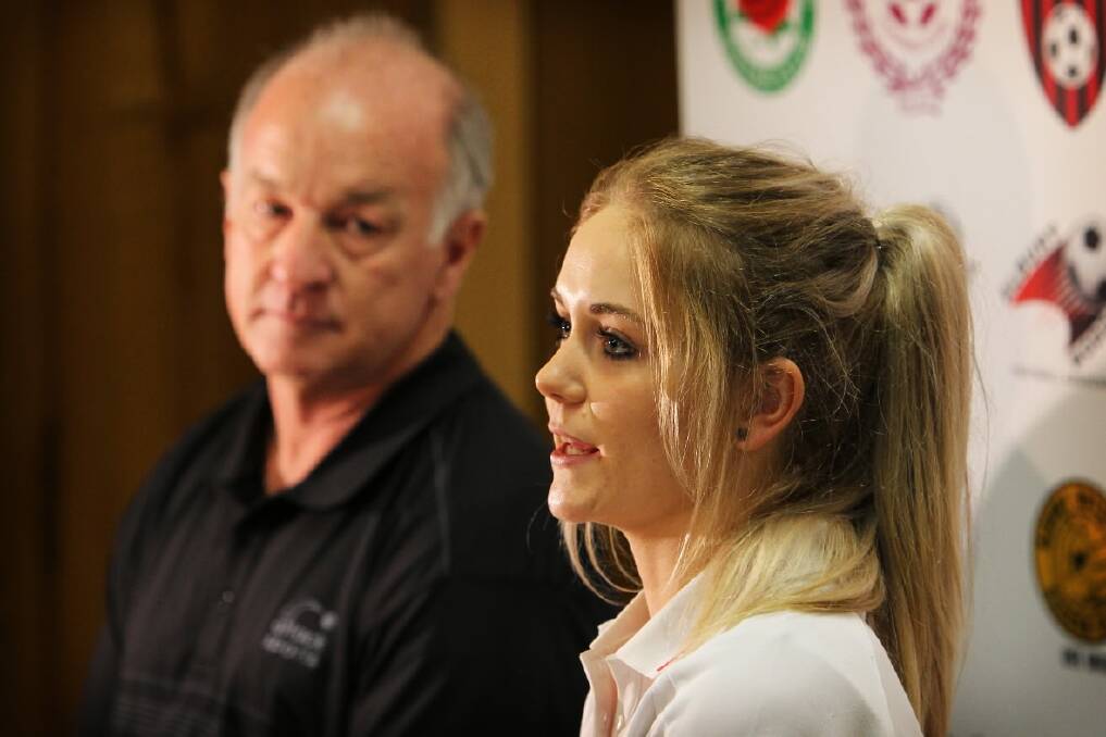 Boomers coach Steve Hayes and Wodonga Diamonds captain Bonnie Denison talk up this weekend’s knockout semi-final during the AWFA’s press conference yesterday. Picture: MATTHEW SMITHWICK