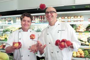 Kergunyah chef Rhy Waddington and Melbourne chef Anthony Musarra admire the local produce. 