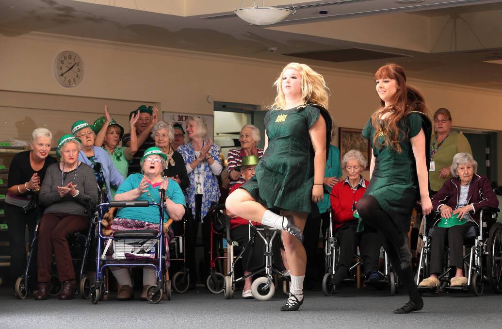 Lauri Quinn and Mel Shipard, from the Saoirse Celtic Dancers group, moved residents at Albury’s Mercy Place nursing home. Picture: JOHN RUSSELL