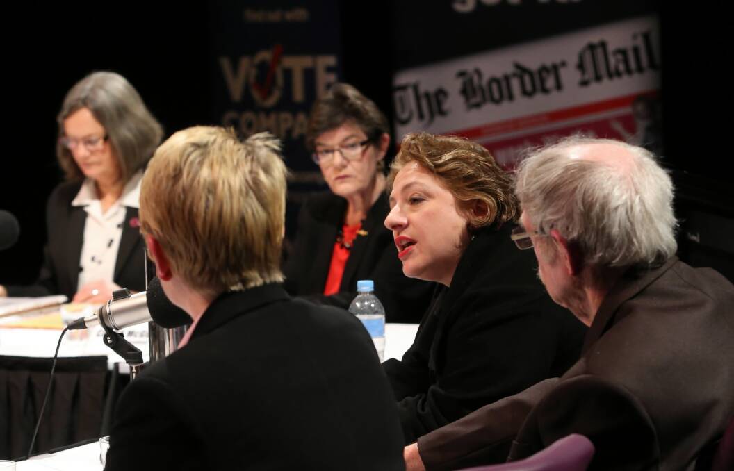 Candidates at last night’s forum including Cathy McGowan and Sophie Mirabella. Picture: PETER MERKESTEYN