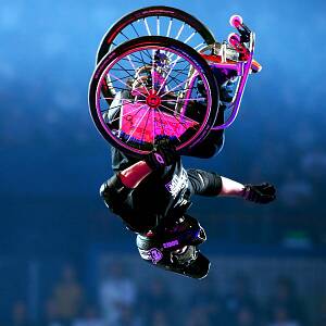Double backflipping wheelchair athlete Aaron “Wheelz” Fotheringham in action during a Nitro Circus performance in Brisbane earlier this year. Picture: Sport the library/Jeff Crow