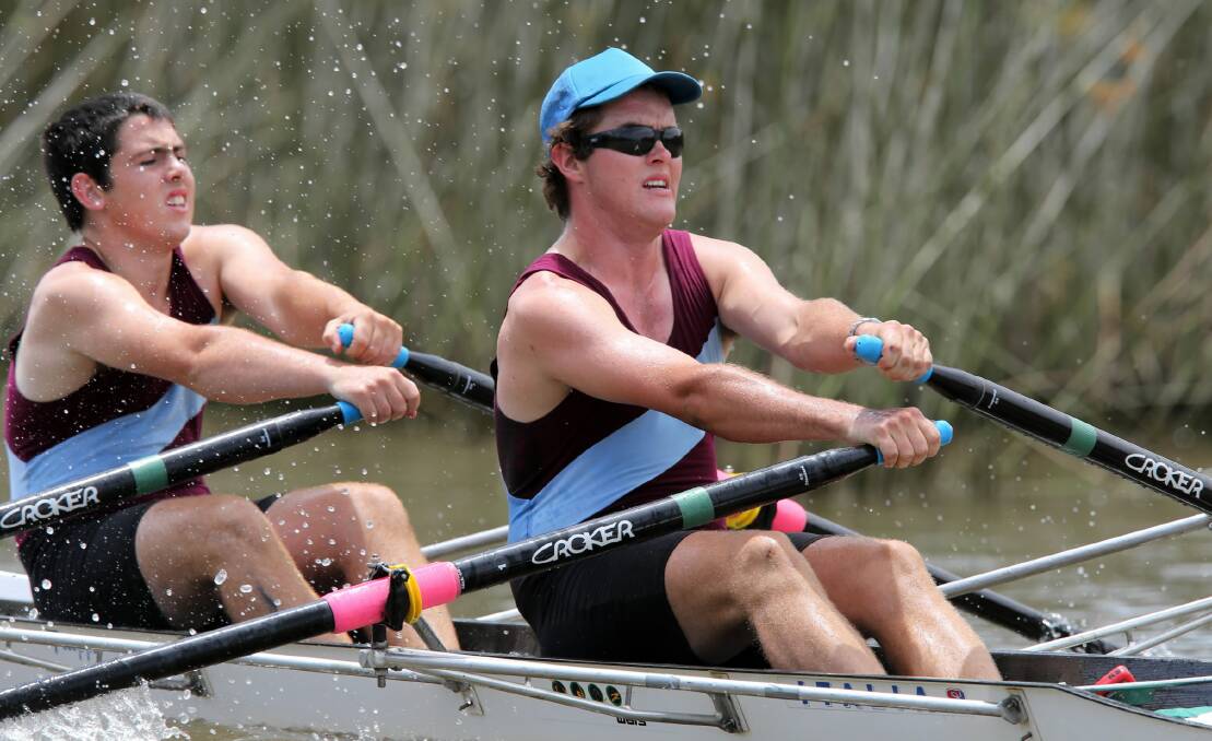 Rutherglen’s Jarrod Curran and Danyon Williams put all their energy into the men’s C double scull race on Lake Moodemere.
