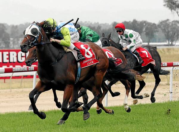 Hearts of Angels storms to the front in the Maiden Plate at Albury on Saturday for her first win. Picture: JOHN RUSSELL