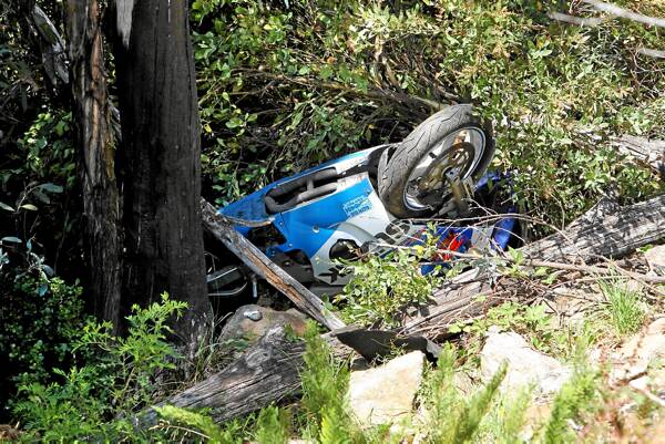 The motorbike, a Suzuki GSXR, at the scene where Mr Ilsley left the road and ended up down the embankment. Pictures: MATTHEW SMITHWICK