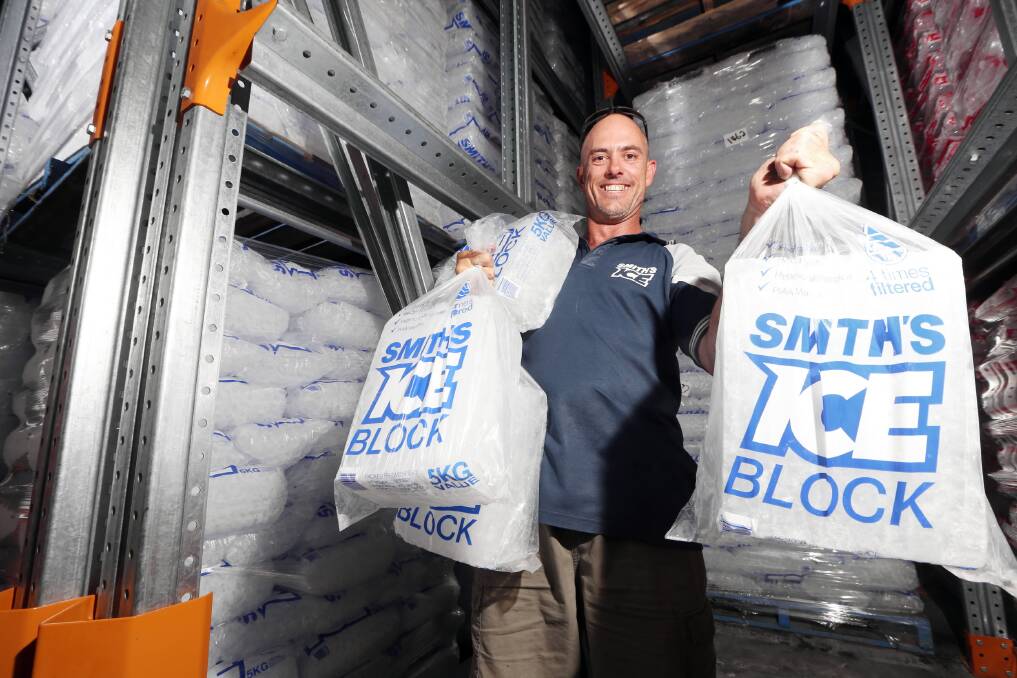 Wesley Zuber inside the freezer room at Smith’s Ice in Wodonga. The room’s temperature cools to minus 12 overnight and averages zero during the day. Picture: JOHN RUSSELL