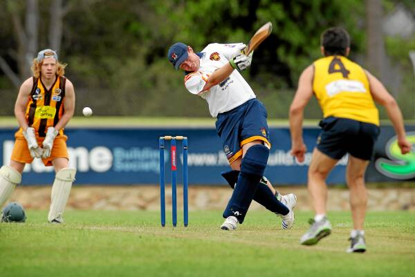 Rovers United’s Simon Godfrey was caught out with this hit in the Twenty20 game against Wangaratta Rovers yesterday. Picture: MATTHEW SMITHWICK