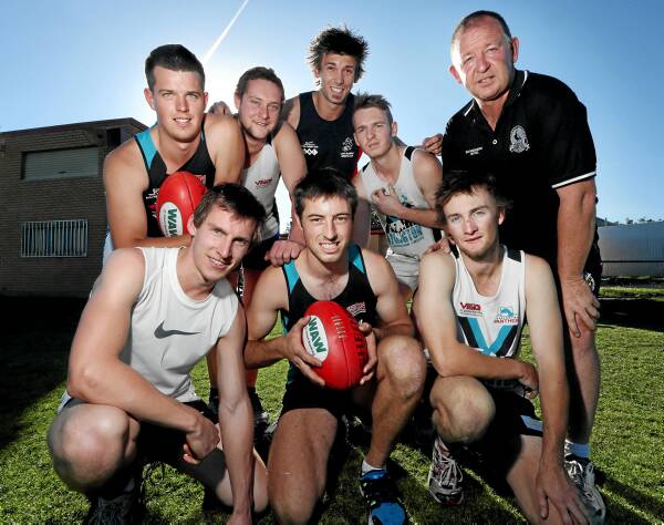 New Magpie recruits Josh Mansell,  Cameron  Gilcrist,  assistant coach Jesse Johnston, Nick Turner, coach Ken Mansell, and, front row, Luke Fawcett, Tom Plunkett and Jarman Teesdale. Picture: KYLIE ESLER