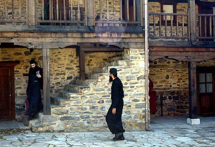 Monks in one of the community's courtyards on Mount Athos.