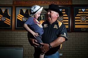 Graeme "Snow"McMaster hopes grandson Brodie Lieschke, 5, one day plays for the Tigers. PICTURE: Ben Eyles.