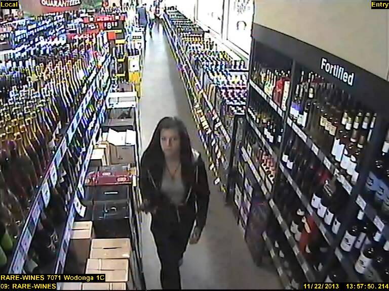 Police ask anyone who recognises this woman to contact them after she allegedly stole alcohol from First Choice Liqour in Wodonga.