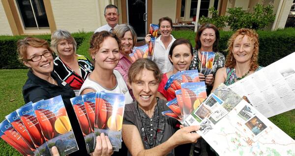 Showing off the new cultural trail publication: Elisa Armitage from Murray Arts, Cr Fiona Schirmer, Susan Reid from Indigo Shire, Cr Graham Docksey from Albury Council, Wendy Thompson from Corowa, Carolyn Martin-Doyle from Murray Arts, Jacqui Hemsley from Albury Council, Melissa Nagle from Wodonga Council, Kerrie Wise from Greater Hume and Narelle Vogel. Picture: BEN EYLES