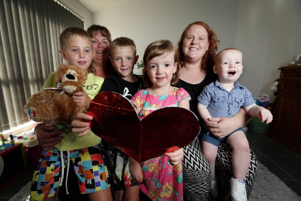 Kurt, 7, mum April Schubert, twin brother Luke, 7, Harper, 3, her mum Cathie Kelly, and Noah, 15 months, want people to celebrate Sweetheart Day today. Picture: MATTHEW SMITHWICK