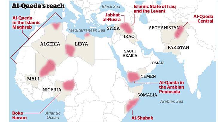 Al-Qaeda: Concentrations of the militant Islamist organisation throughout Africa and the Middle East. Photo: Fairfax Graphics