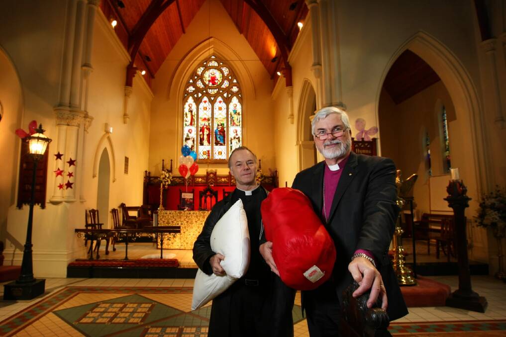 Father Peter MacLeod-Miller and Anglican Bishop John Parkes express concern for the homeless at St Matthew’s Church. Picture: MATTHEW SMITHWICK