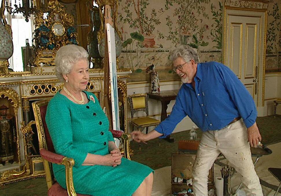 Rolf Harris painting Her Majesty the Queen, during the first sitting in the Yellow Drawing Room at Buckingham Palace which is part of the documentary program The Queen By Rolf on the ABC.