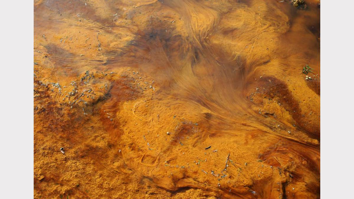 The bottom of a dam containing water from a polluted spring/creek downhill from an old spoils pile at the Neath Colliery site at Neath. Photo: PETER STOOP