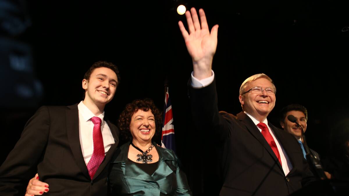 Outgoing Prime Minister Kevin Rudd and his family receive a heroes welcome as Mr Rudd arrives to concede defeat. Photo: ANDREW MEARES