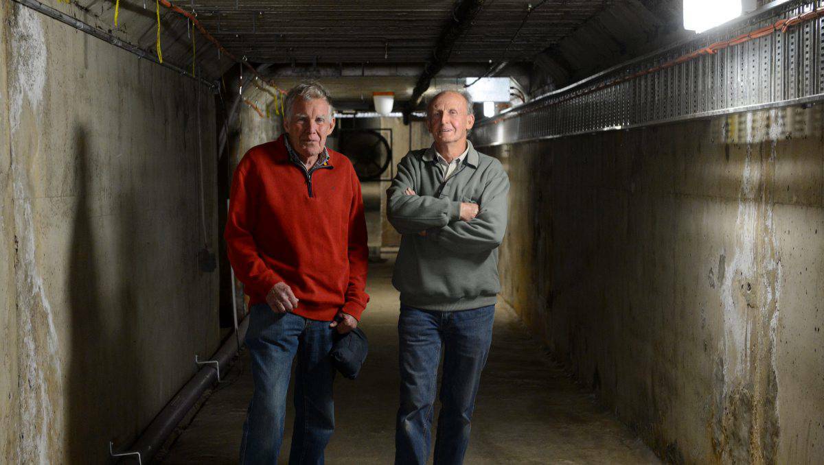 Neil Burridge and Kevin Wright were part of the team that helped build the tunnel from the Anne Caudle Centre to the Bendigo Hospital. Picture: Jim Aldersey