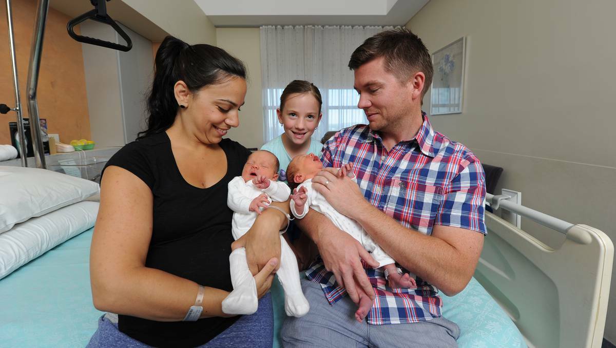 Lisa, Ruby, 6, and Gregg with new twins Lenny and Lewis who were the first babies born at Ballarat Base Hospital on New Year's Day.