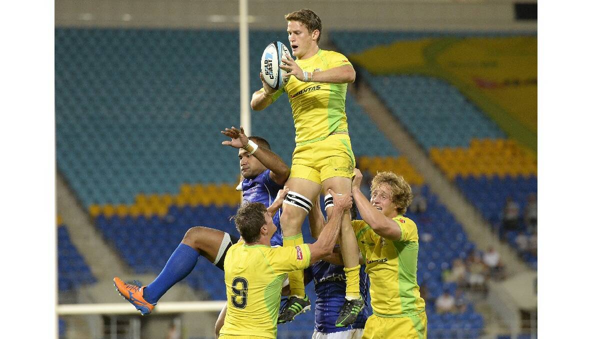  Con Foley of Australia wins the lineout during the Gold Coast Sevens round one match between Australia and Samoa. Photo: Getty Images.