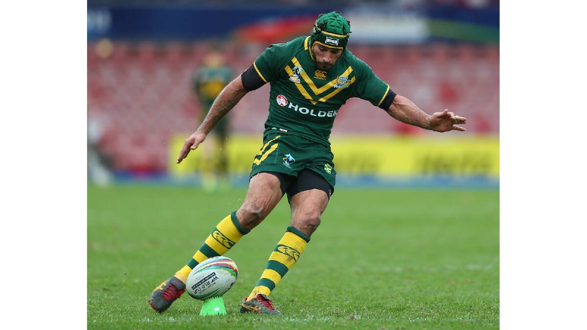 Jonathan Thurston of Australia during the Rugby League World Cup Quarter Final match between Australia and the USA. Photo: Getty Images.