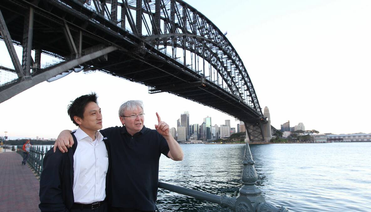 Kevin Rudd with Bennelong candidate Jason Li. Photo: Jacky Ghossein 
